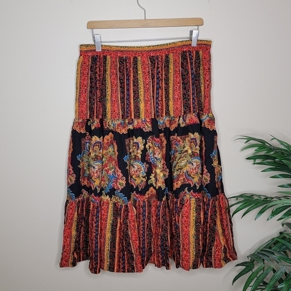 Vintage SK & Company | Tribal Mixed Print Elastic Pull-On Waist Midi Skirt - Picture 1 of 4